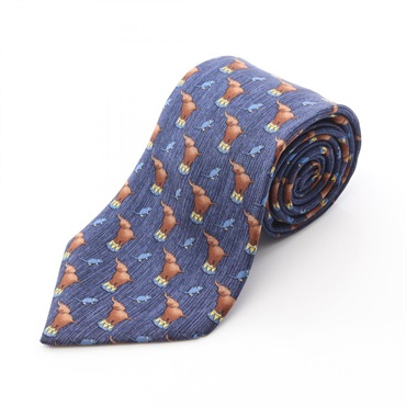 HERMES Tie Silk Navy Brown Used mens