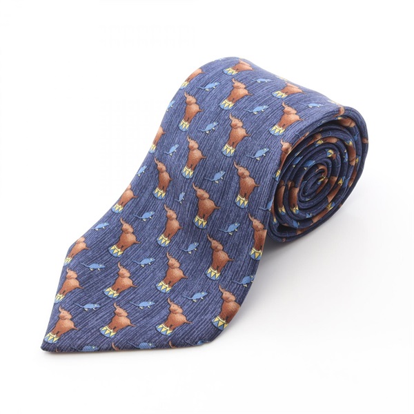 HERMES Tie Silk Navy Brown Used mens