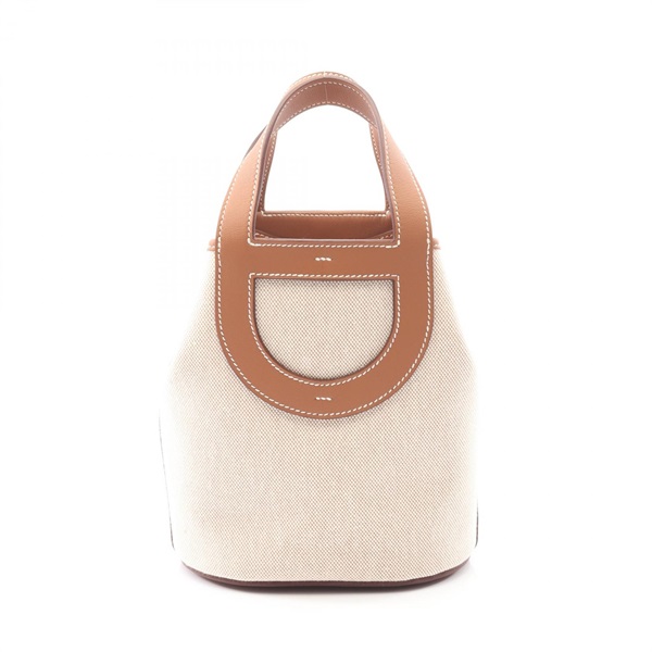 HERMES in the loop 18 Handbag W Toile H canvas Swift Ecru Gold Used GHW