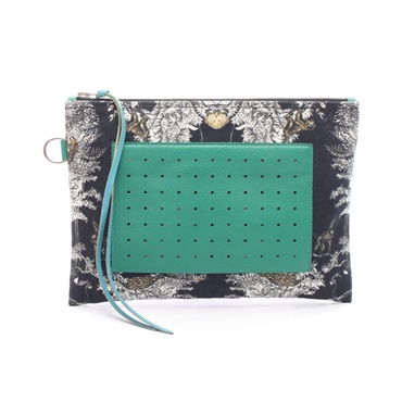 HERMES Navette PM Pouch Case canvas Chevre leather Black Green SHW Used Women