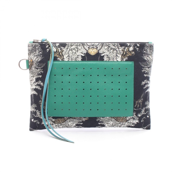 HERMES Navette PM Pouch Case canvas Chevre leather Black Green SHW Used Women