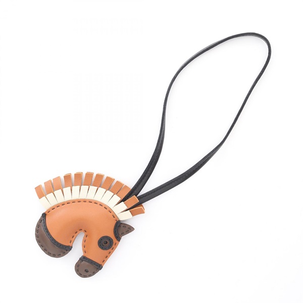 HERMES Geegee Camail Bag charm Agneau milo leather Brown Black Gold Used U