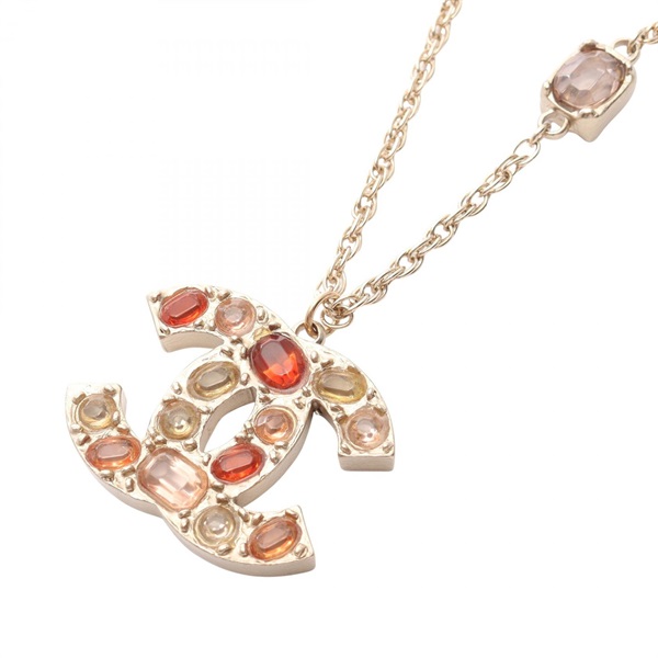 CHANEL COCO Mark Necklace Pendant Gold Plated crystal Pink Red Used Women CC