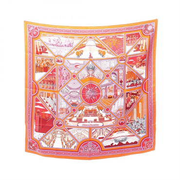 HERMES Carre90 Flanerie a Versailles Scarf silk Orange Purple White Used Women