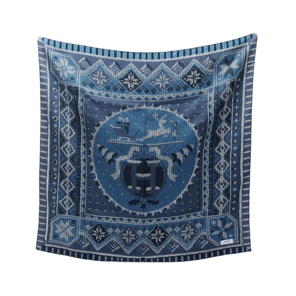 HERMES Carre 90 AU COIN DU FEU Scarf Stole Wrap silk Blue Navy White Used Women