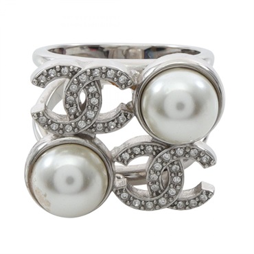 CHANEL COCO Mark Ring SS Artificial pearl rhinestone Used US size 6.25 women