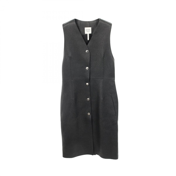 HERMES Serie button Long Vest 4E1207D2 Dearskin Black #34 Used Women