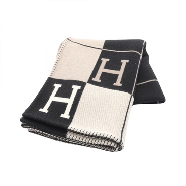 HERMES Plaid Avalon 3 Blanket Wool cashmere Black Beige Used unisex
