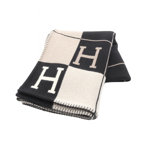 HERMES Plaid Avalon 3 Blanket Wool cashmere Black Beige Used unisex