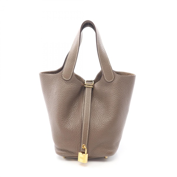 HERMES Picotin Lock PM Handbag D Taurillon Clemence Etoupe Grey Used GHW