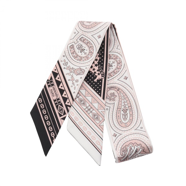 HERMES Twilly Cheval de Coeur Bandana Ribbon Scarf Wrap silk Black White Used