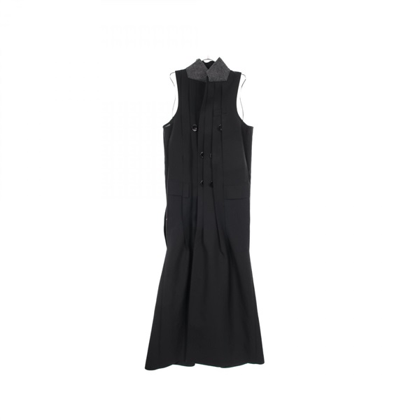 Sacai Suiting Coat Dress Long Vest #2 gilet wool polyester Black Gray Used Women