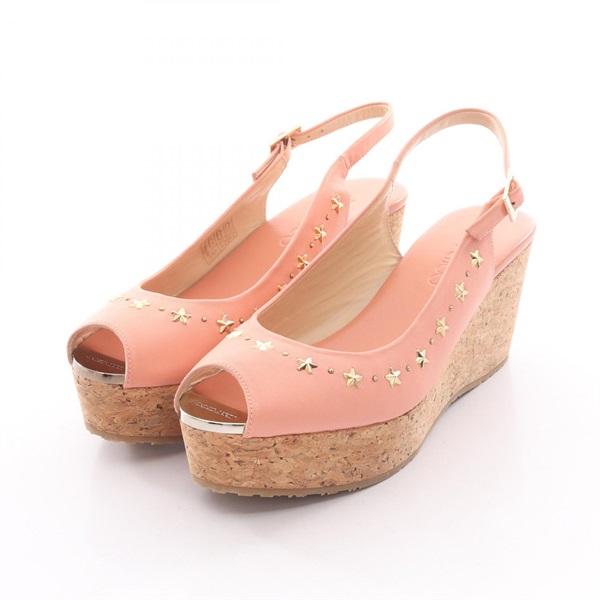 JIMMY CHOO PRAISE Wedge Sole Sandals Shoes #38 1/2 Leather Cork Pink Women