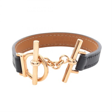 HERMES Croisiere Bracelet Bangle Gold Plated Swift leather Black Used Women W