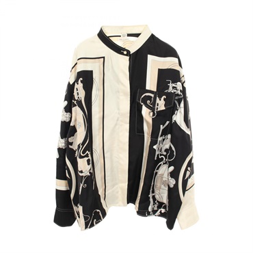 HERMES Twillaine EX-LIBRIS Stand Collar Long Sleeve Shirt #42 silk Black Used