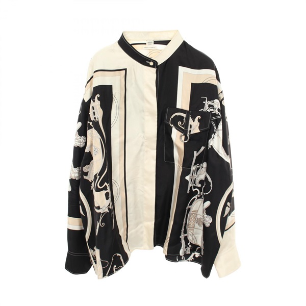 HERMES Twillaine EX-LIBRIS Stand Collar Long Sleeve Shirt #42 silk Black Used