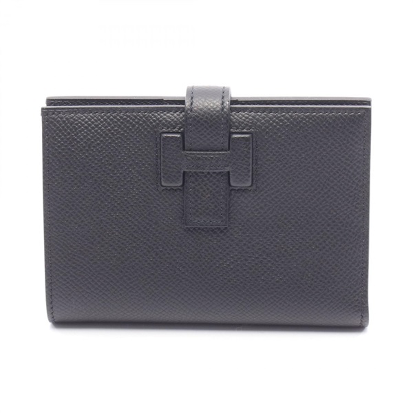 HERMES New H Passant Compact Bi-fold Wallet Purse Epsom leather Black SHW W