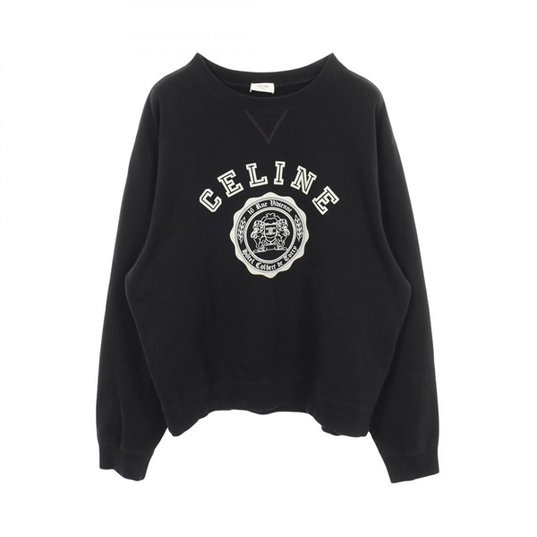 CELINE College logo flock print crew neck sweat cotton Black #XXL Used mens