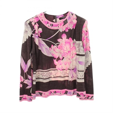 LEONARD FASHION Floral print long sleeves T-shirt wool silk Gray Pink #L Used