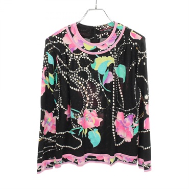 LEONARD FASHION Floral print long sleeves T-shirt wool silk Multi #42 Used Women