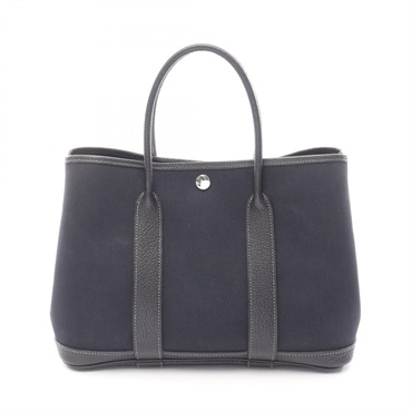 HERMES Garden Party TPM Tote Handbag Toile officier canvas leather Black Used O