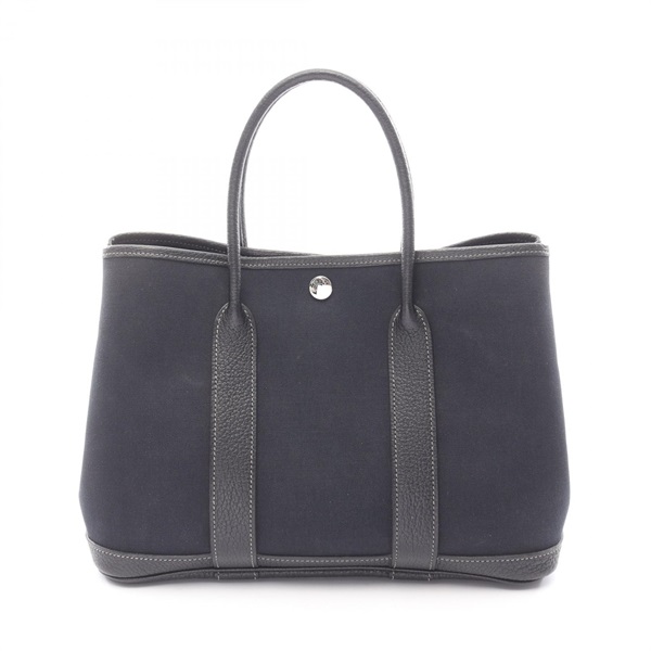 HERMES Garden Party TPM Tote Handbag Toile officier canvas leather Black Used O