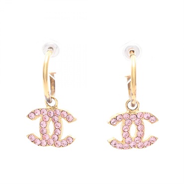 CHANEL COCO Mark hoop Pierced earrings Gold Plated Rhinestone Pink Used women