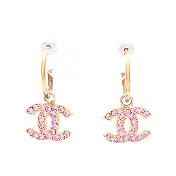 CHANEL COCO Mark hoop Pierced earrings Gold Plated Rhinestone Pink Used women