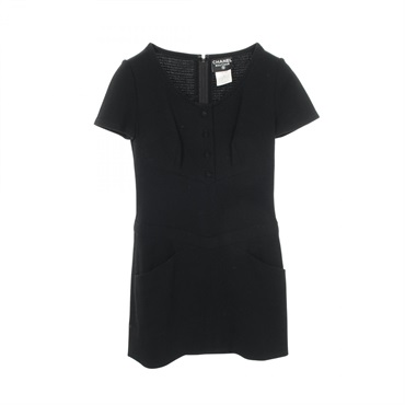 CHANEL COCO Mark Button Short Sleeve Dress #36 P09853V06213 wool Black Used CC
