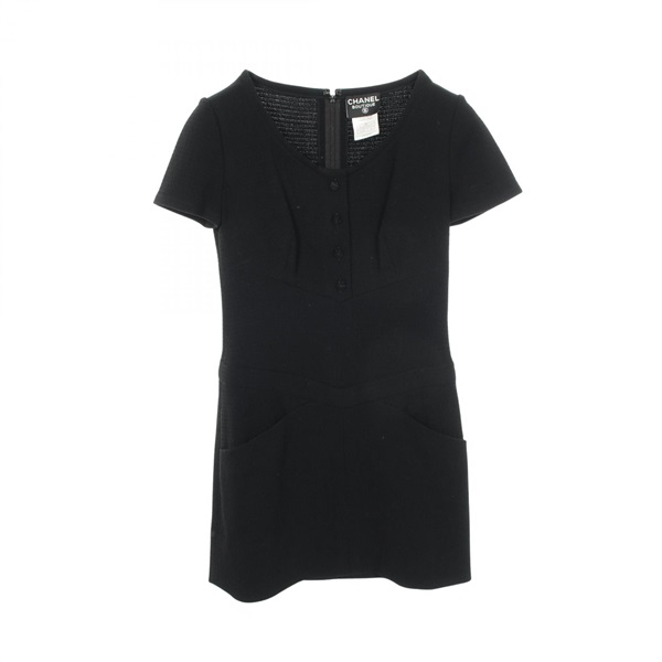 CHANEL COCO Mark Button Short Sleeve Dress #36 P09853V06213 wool Black Used CC