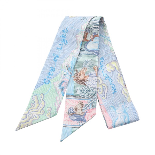 HERMES Twilly City of Light Ribbon Scarf Wrap Foulard silk Blue Multicolor Women