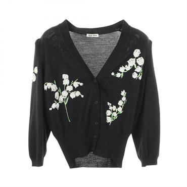 Miu Miu Floral sequin embroidery cardigan wool Black #38 Used Women