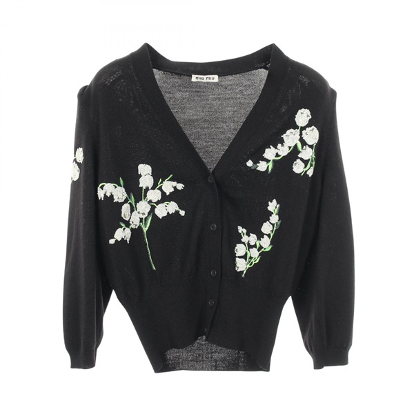 Miu Miu Floral sequin embroidery cardigan wool Black #38 Used Women