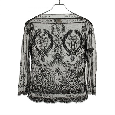 HERMES Lace boat neck Blouse Tops Tactel Nylon Black Used Women size 34