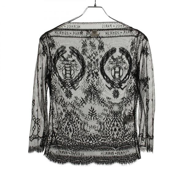 HERMES Lace boat neck Blouse Tops Tactel Nylon Black Used Women size 34