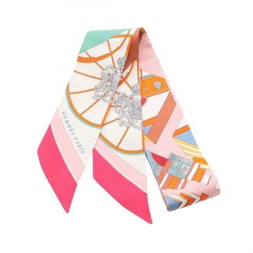 HERMES Twilly SPRINGS Ribbon Scarf Silk Pink White Multicolor Used Women