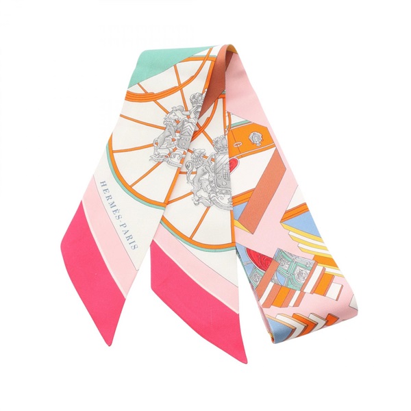 HERMES Twilly SPRINGS Ribbon Scarf Silk Pink White Multicolor Used Women