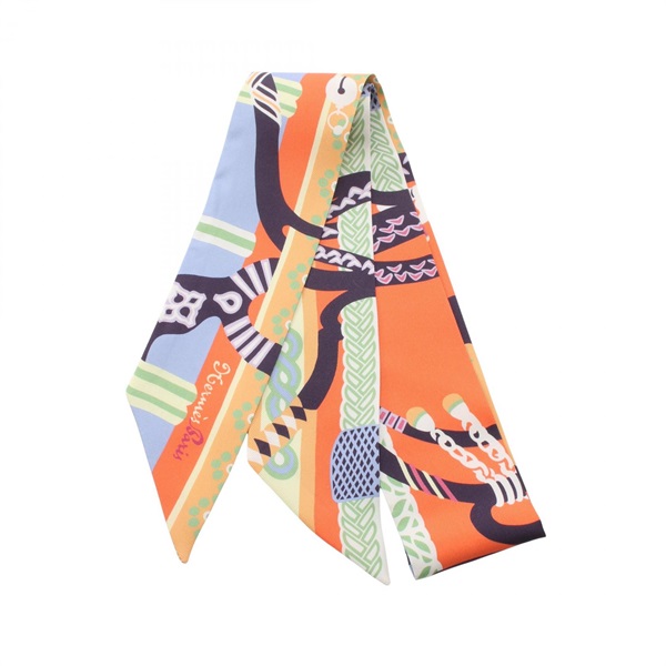 HERMES Twilly Fantaisie d'Etriers Ribbon Scarf Silk Orange Multicolor Used Women