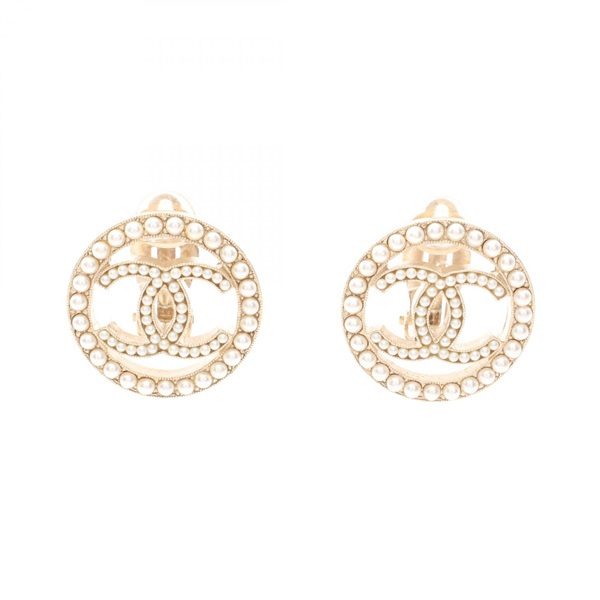 CHANEL COCO Mark Round Earring Gold Plated Artificial pearl White Used Women CC