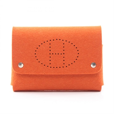 HERMES Etui Cult GM Playing Card Case Pouch bag Felt Orange Used Women SHW