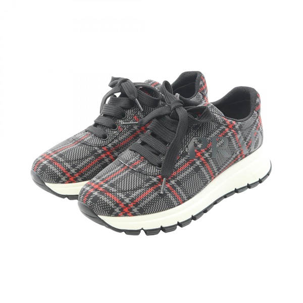 PRADA Logo Check sneakers 1E552L Nylon Black Gray Red #35.5 Used Women