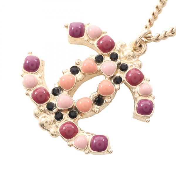 CHANEL COCO Mark Necklace Pendant Gold Plated Rhinestone Purple Black Used Women