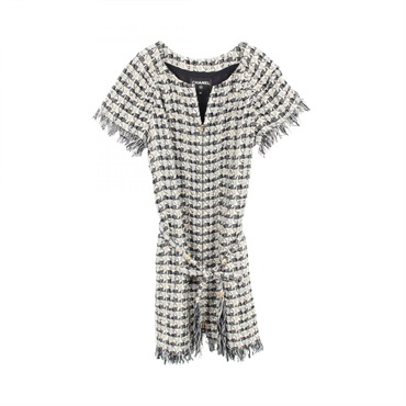 CHANEL Belted Tweed short-sleeved Dress 42P57922V43827 cotton Used #42 CC