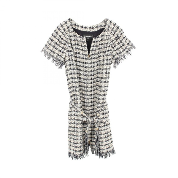 CHANEL Belted Tweed short-sleeved Dress 42P57922V43827 cotton Used #42 CC