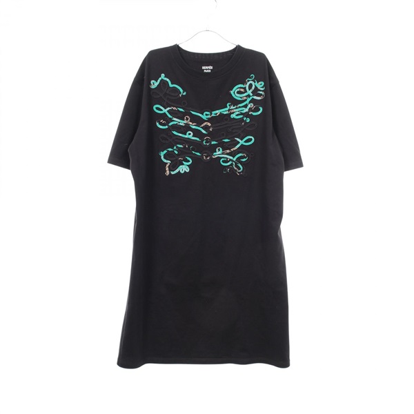 HERMES Silk Short sleeves Dress cotton Black Green Used Women Size 42