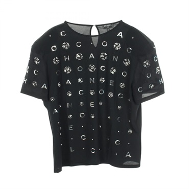 CHANEL Camellia Icon Pearl Short Sleeve T-shirt #42 42P70789V61962 silk BK Used