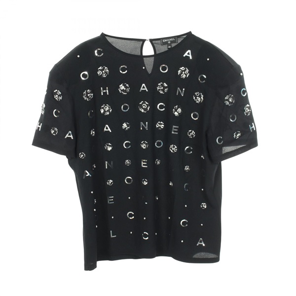 CHANEL Camellia Icon Pearl Short Sleeve T-shirt #42 42P70789V61962 silk BK Used