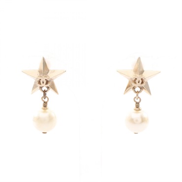 CHANEL COCO Mark Star Pierced Earrings Gold Plated Artificial Pearl Used Women
