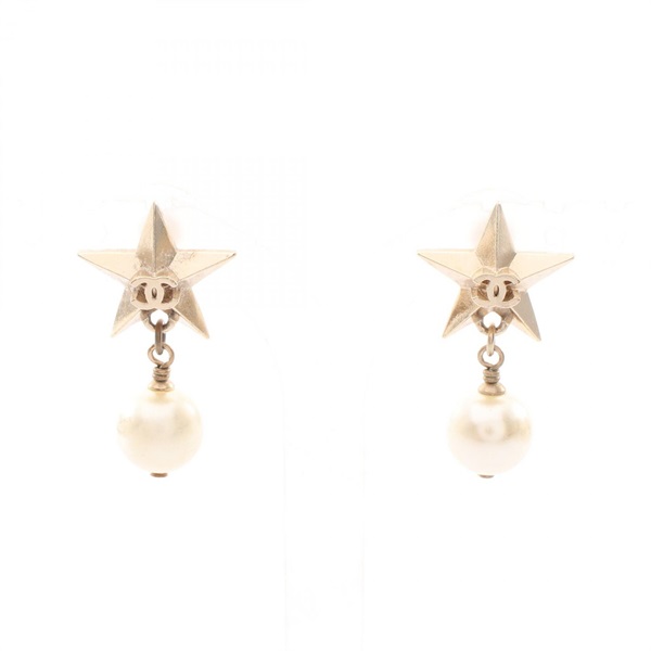 CHANEL COCO Mark Star Pierced Earrings Gold Plated Artificial Pearl Used Women