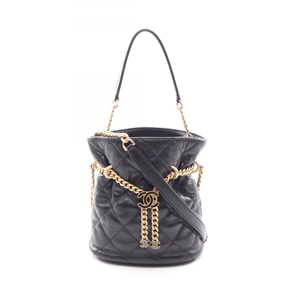CHANEL Matelasse Chain Drawstring Bucket Crossbody Bag Lamb leather BK GHW Used